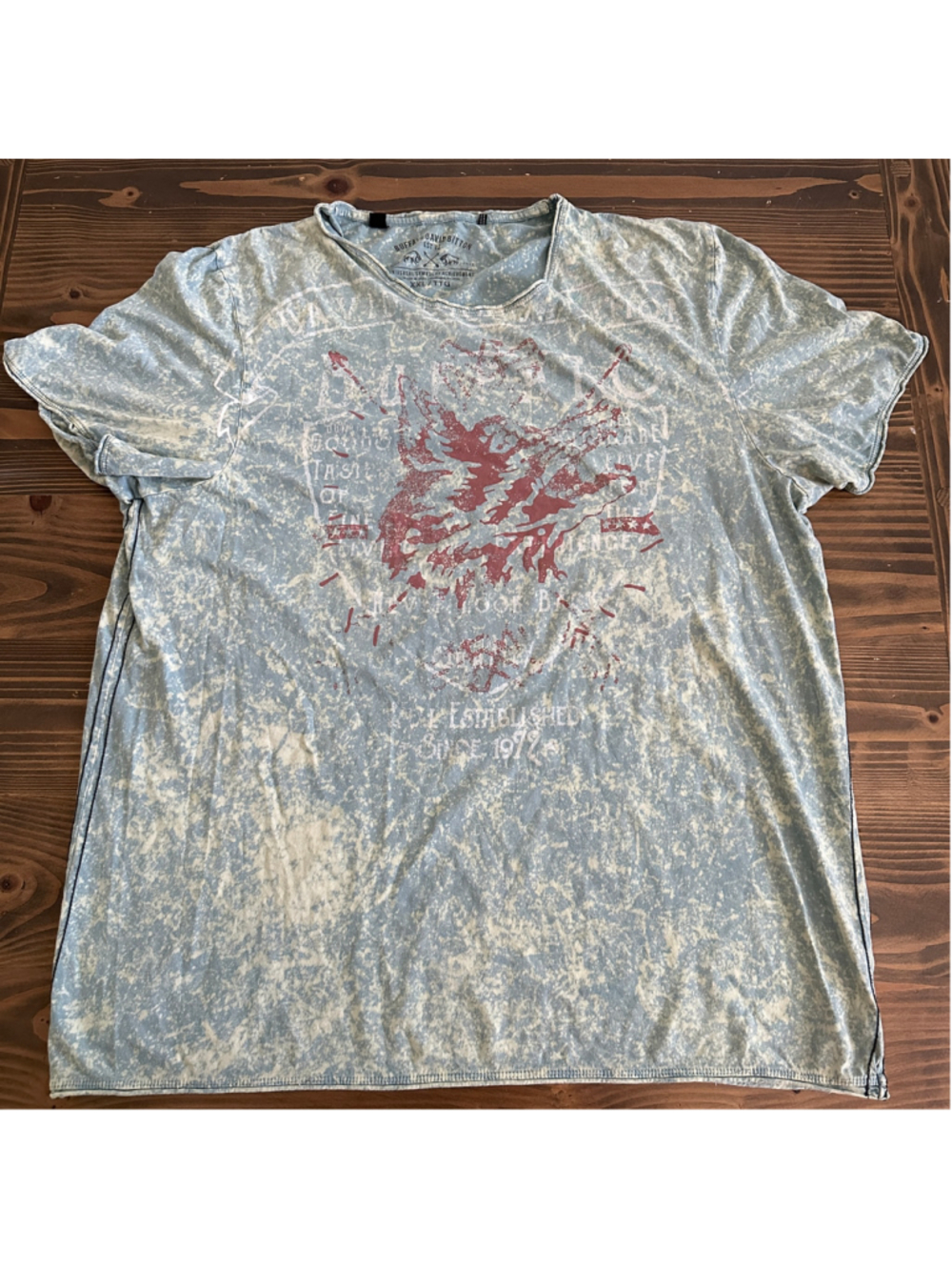 Buffalo David Bitton Men's Graphic T-Shirt XXL Blue Acid Wash Red Distressed Y2K